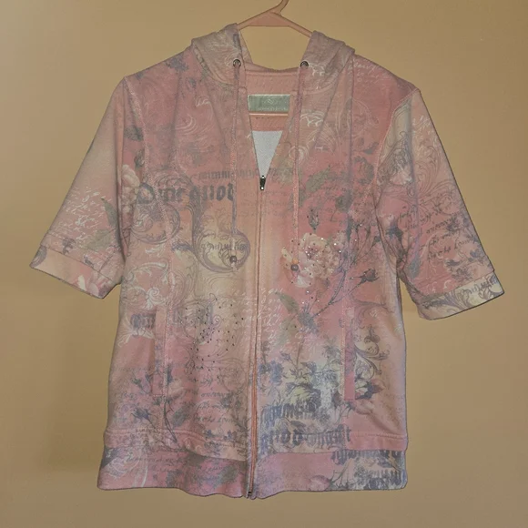 Green Tea Graphic Floral Short Sleeved Zip-Up Hoodie Sequen Accent, L - Picture 2 of 5